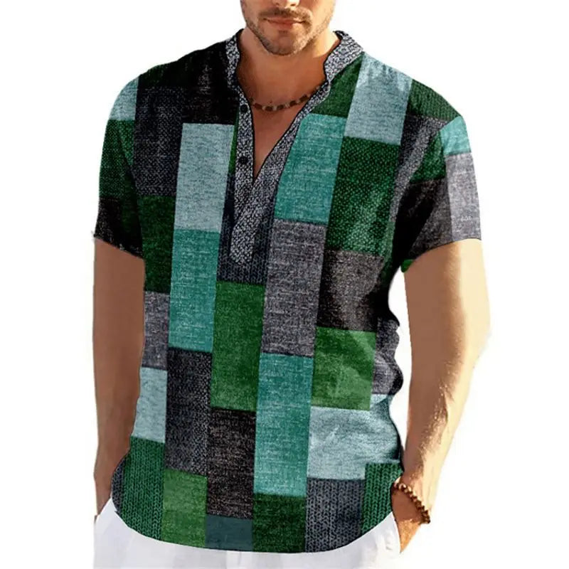 Men's short sleeve V-neck shirt with bold geometric patchwork design for a stylish and unique casual look