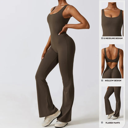 Backless Yoga Jumpsuit for Women with Scrunch Butt Detailing and Flared Legs