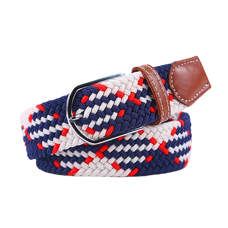 Elastic Braided Stretch Belt with Leather Accents and Metal Buckle for Men and Women’s Casual and Outdoor Wear