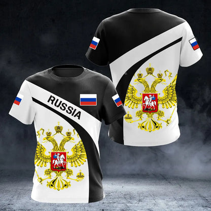 Men's Short Sleeve T-Shirt with Russian Coat of Arms and Flag Design, Customizable Name Option, and Military-Inspired Graphics