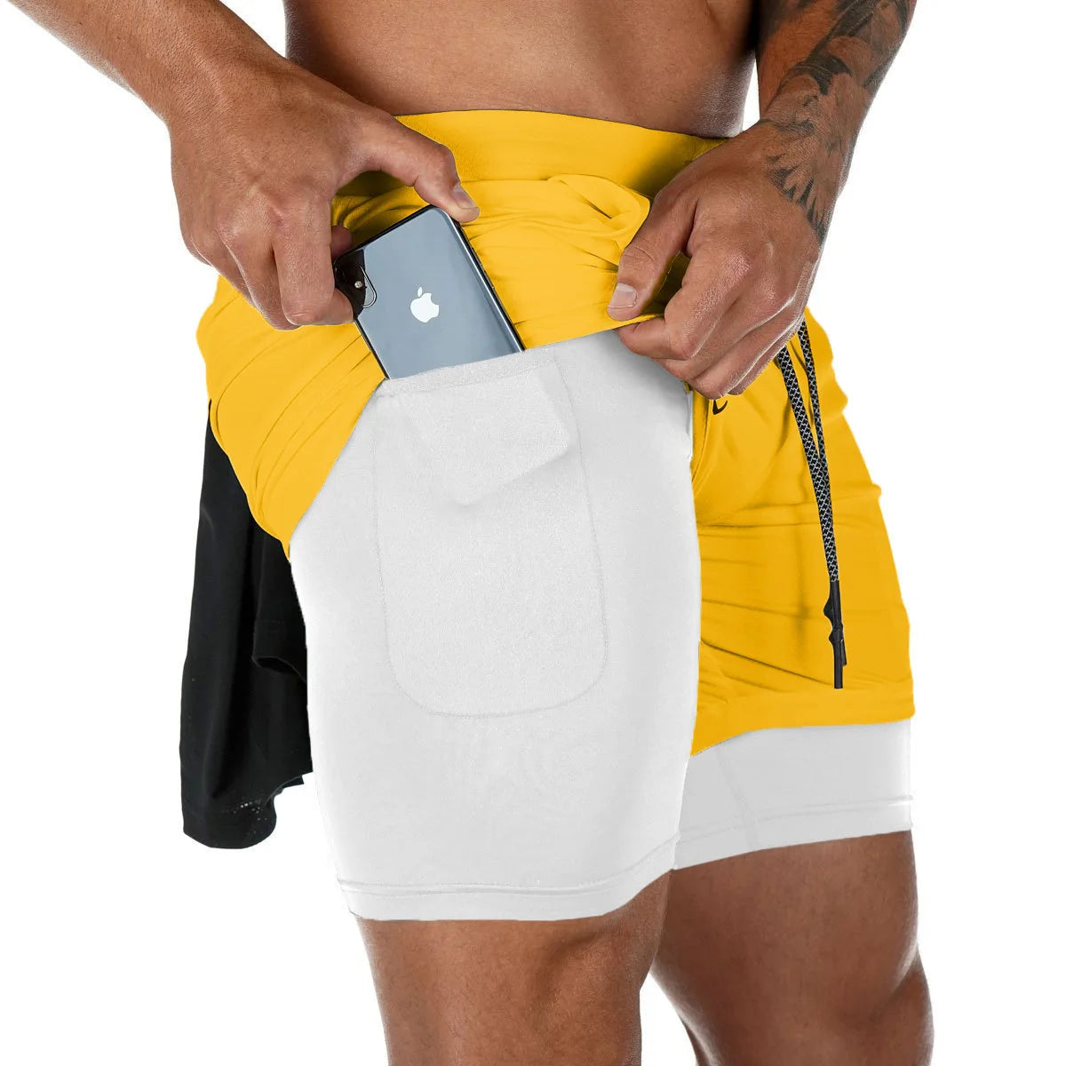 Men's Two-in-One Athletic Shorts with Built-in Compression Liner and Phone Pocket, Featuring Elastic Waistband and Drawstring Closure