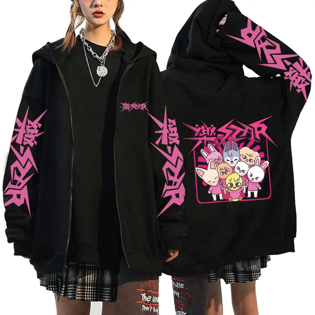 Unisex Streetwear Graphic Hoodie with Bold Arm and Back Designs, Full-Zip Closure, and Oversized Fit for a Trendy Look