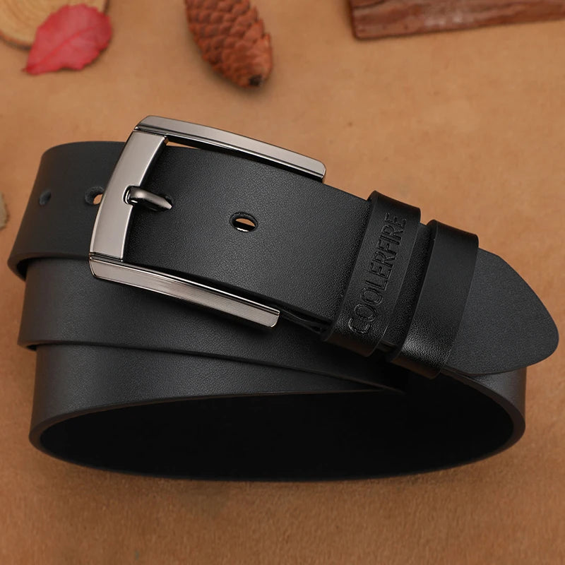 Men's Genuine Leather Belt with Embossed Branding and Durable Metal Pin Buckle for Casual and Formal Wear