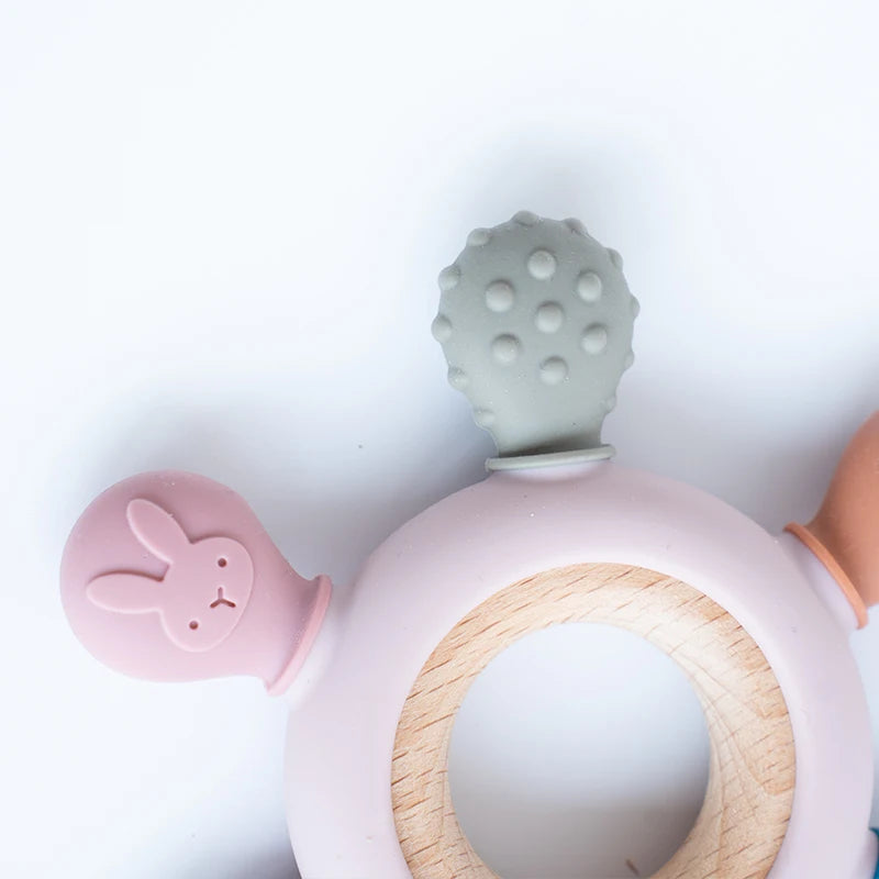 Premium Wooden and Silicone Baby Teething Ring with Multiple Textures and Shapes for Soothing Teething Relief and Sensory Development