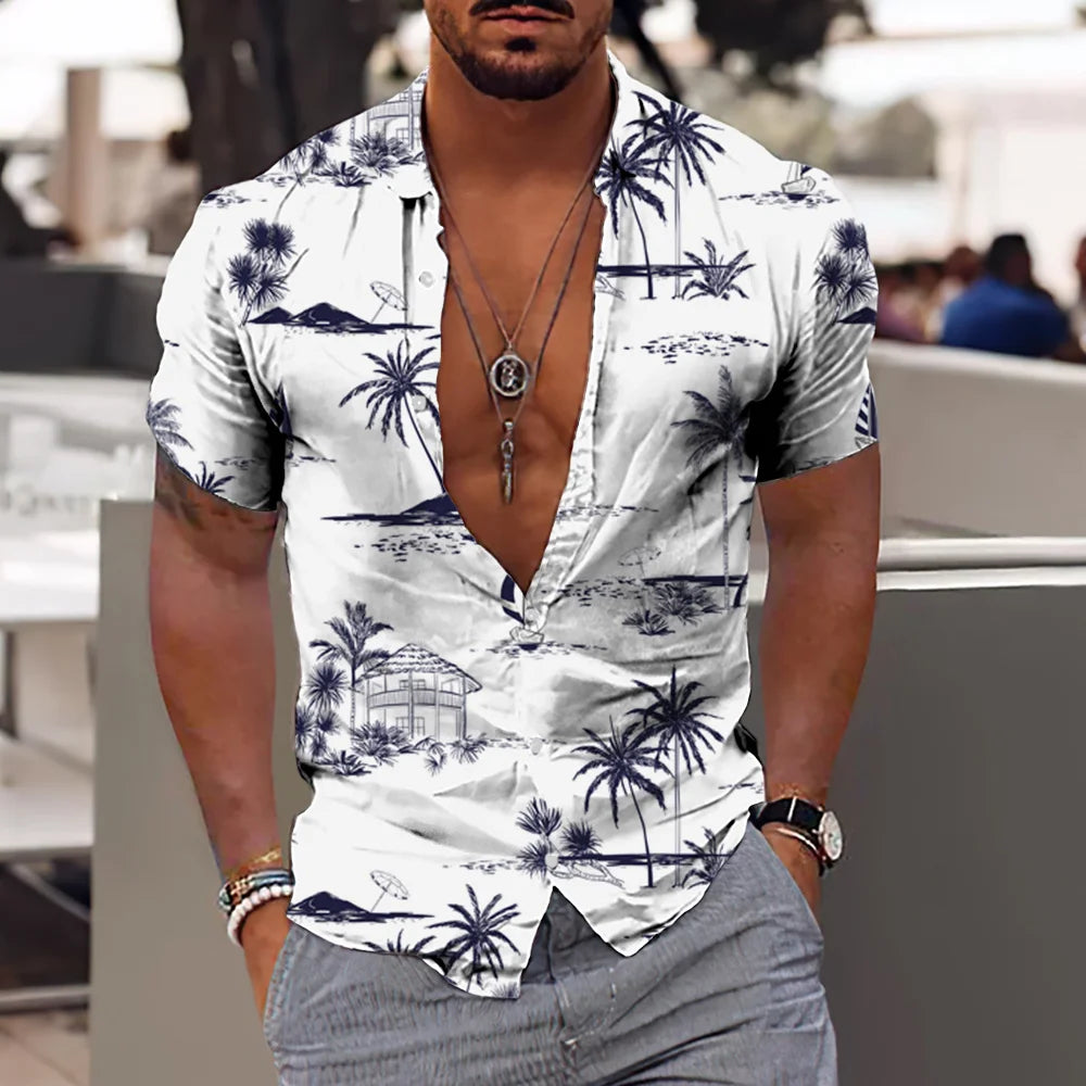 Men's Tropical Print Casual Short Sleeve Button-Down Shirt with Deep V-Neck Design