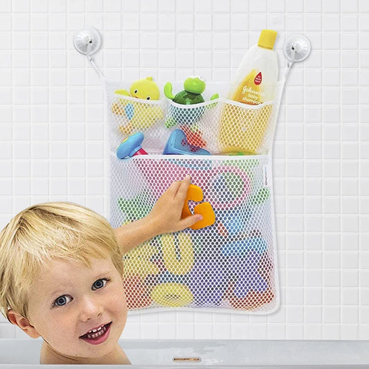 Hanging Bath Toy Organizer with Dual Mesh Pockets, Suction Cup Hooks for Easy Wall Mounting, Ideal Storage Solution for Kids' Bath Toys and Accessories, Keeps Bathroom Neat and Organized