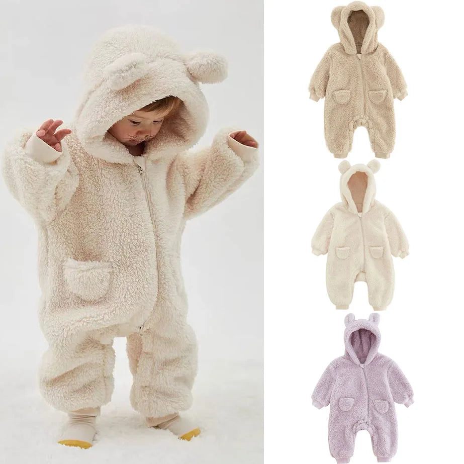 Adorable Baby Hooded Fleece Jumpsuit with Bear Ears - Ultra-Soft and Warm One-Piece Winter Outfit for Infants