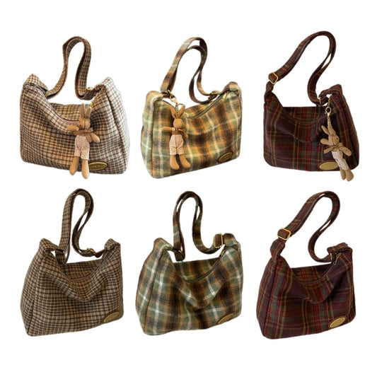 Vintage-Inspired Plaid Shoulder Bag with Plush Bear Charm and Spacious Interior