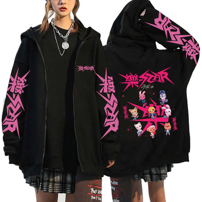 Unisex Streetwear Graphic Hoodie with Bold Arm and Back Designs, Full-Zip Closure, and Oversized Fit for a Trendy Look