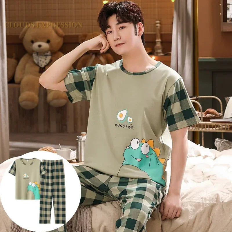 Men's Casual Short Sleeve T-Shirt with Chest Pocket Detail and Matching Plaid Lounge Pants Set for Relaxed Home Wear