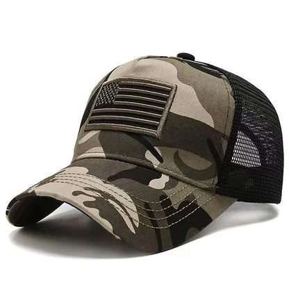 Patriotic Mesh-Back Baseball Cap with Embroidered Flag Design and Adjustable Snap Closure