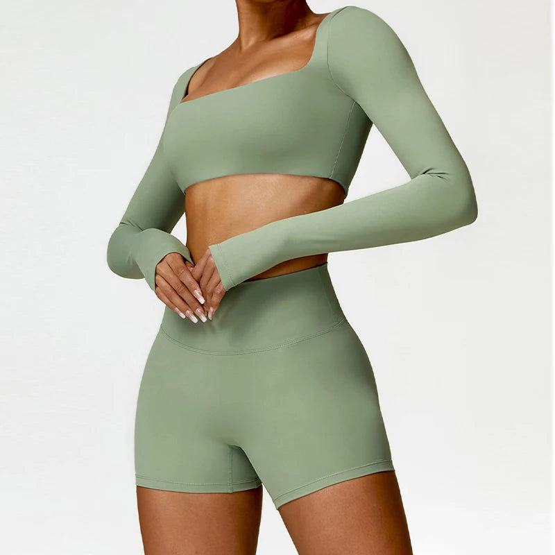 Versatile Yoga Set for Women with Long-Sleeve Crop Top, High-Waist Leggings, and Shorts Options