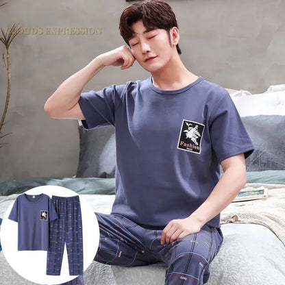 Men's Casual Short Sleeve T-Shirt with Chest Pocket Detail and Matching Plaid Lounge Pants Set for Relaxed Home Wear