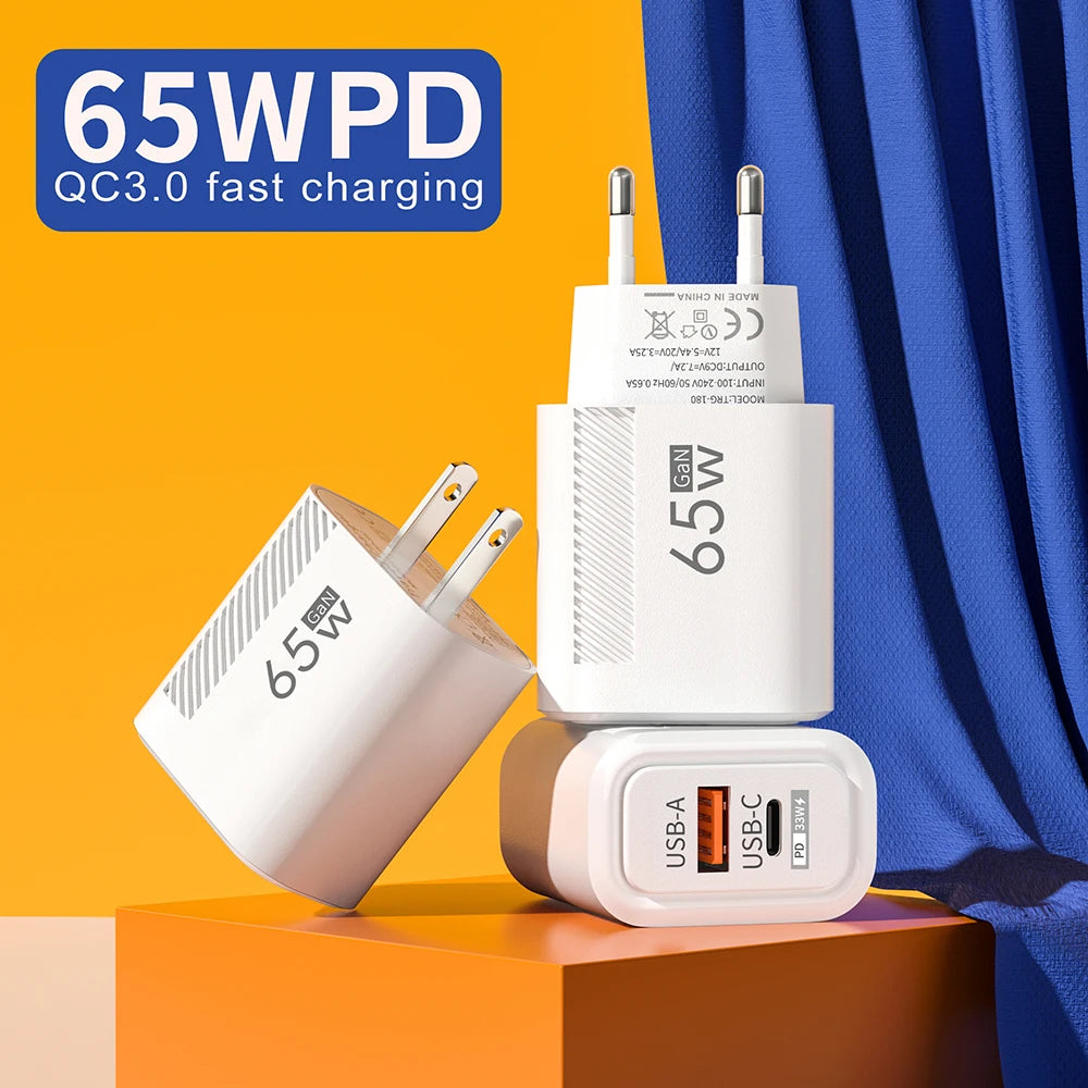 65W GaN Fast Charger with Dual USB-A and USB-C Ports, Featuring Power Delivery (PD) 33W for Efficient Charging of Multiple Devices Simultaneously