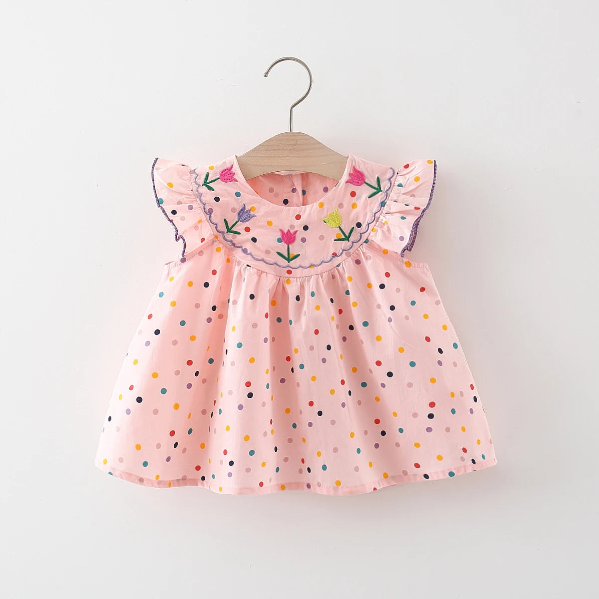 Flutter Sleeve Dress with Floral Embroidery and Polka Dot Pattern for Toddlers