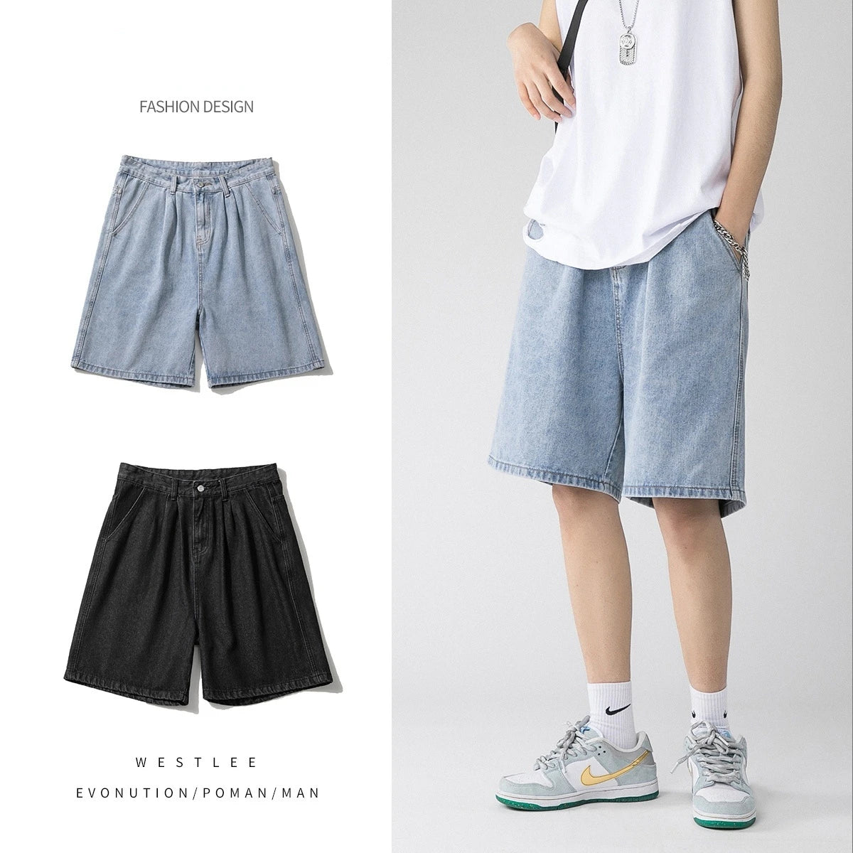 Loose-Fit Denim Shorts for Men with Classic Pockets and Casual Streetwear Style