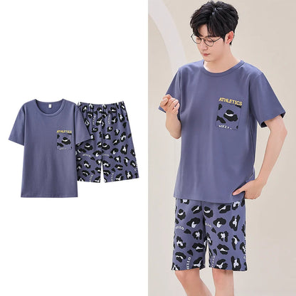 Men's Summer Plaid Pajama Set with Short Sleeve Top and Elastic Waist Shorts Featuring Chest Pocket and Comfortable Fit