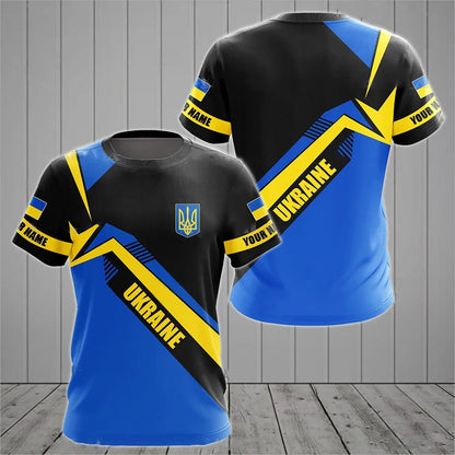 Men's Short Sleeve T-Shirt with Ukrainian Emblem and Flag Design, Featuring Military-Inspired Aesthetics and Patriotic Details