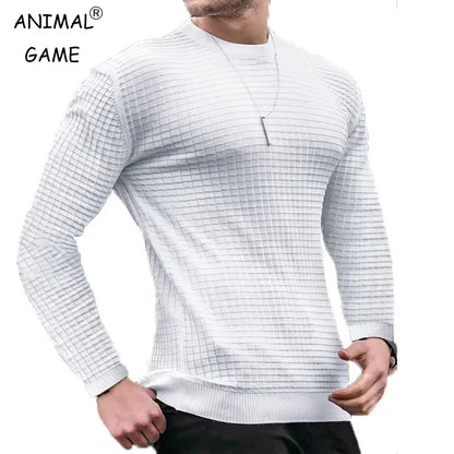 Men's Slim-Fit Crew Neck Sweater with Textured Grid Pattern, Featuring Ribbed Cuffs and Hem for a Modern and Stylish Look, Ideal for Casual and Semi-Formal Wear