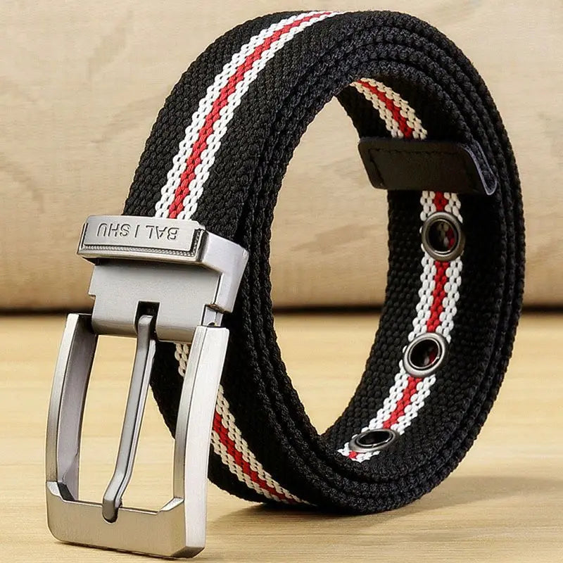 Men's Woven Canvas Belt with Durable Metal Buckle and Striped Design for Casual Wear