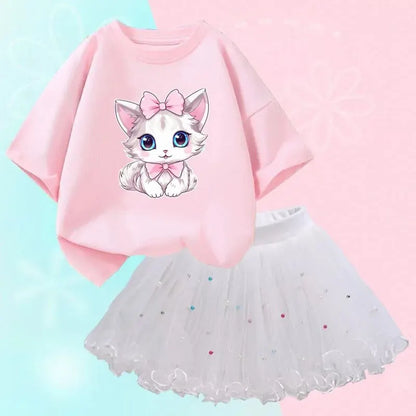 Adorable Kitten Print Top and Sparkly Tulle Skirt Set for Girls – Perfect for Parties and Special Occasions