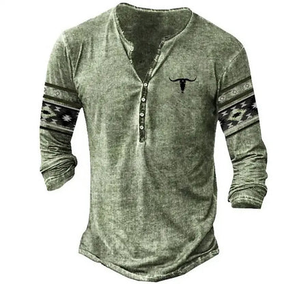 Men's Long Sleeve Button-Up Henley Shirt with Tribal Print and Yellowstone Dutton Ranch Logo