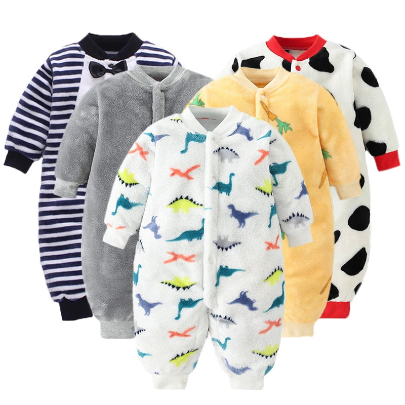 Unisex Baby Fleece Jumpsuits with Cute Animal and Pattern Designs, Cozy and Warm One-Piece Rompers for Toddlers, Ideal for Winter and Cold Weather