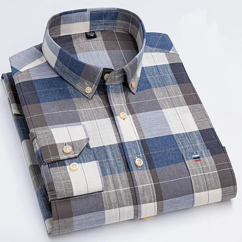 Premium Cotton Button-Down Oxford Shirt with Striped Collar Detail, Long Sleeves, and Classic Chest Pocket Design for Men.