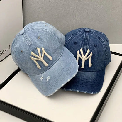 Distressed Denim Baseball Cap with Embroidered Initials and Adjustable Strap for Trendy Casual Wear