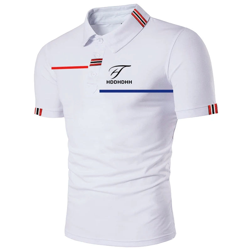 Men's Slim Fit Polo Shirt with Striped Collar and Cuffs, Button Placket, and Embroidered Logo Design