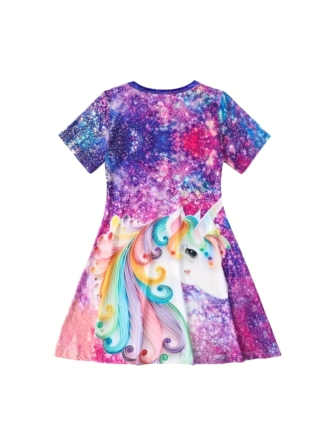 Girls' Sparkling Unicorn Galaxy Print Dress – Short Sleeve Fantasy-Themed Outfit for Kids