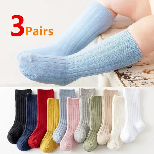 3 Pairs of Ribbed Cotton Knee-High Socks for Babies and Toddlers – Soft and Breathable for All-Day Comfort