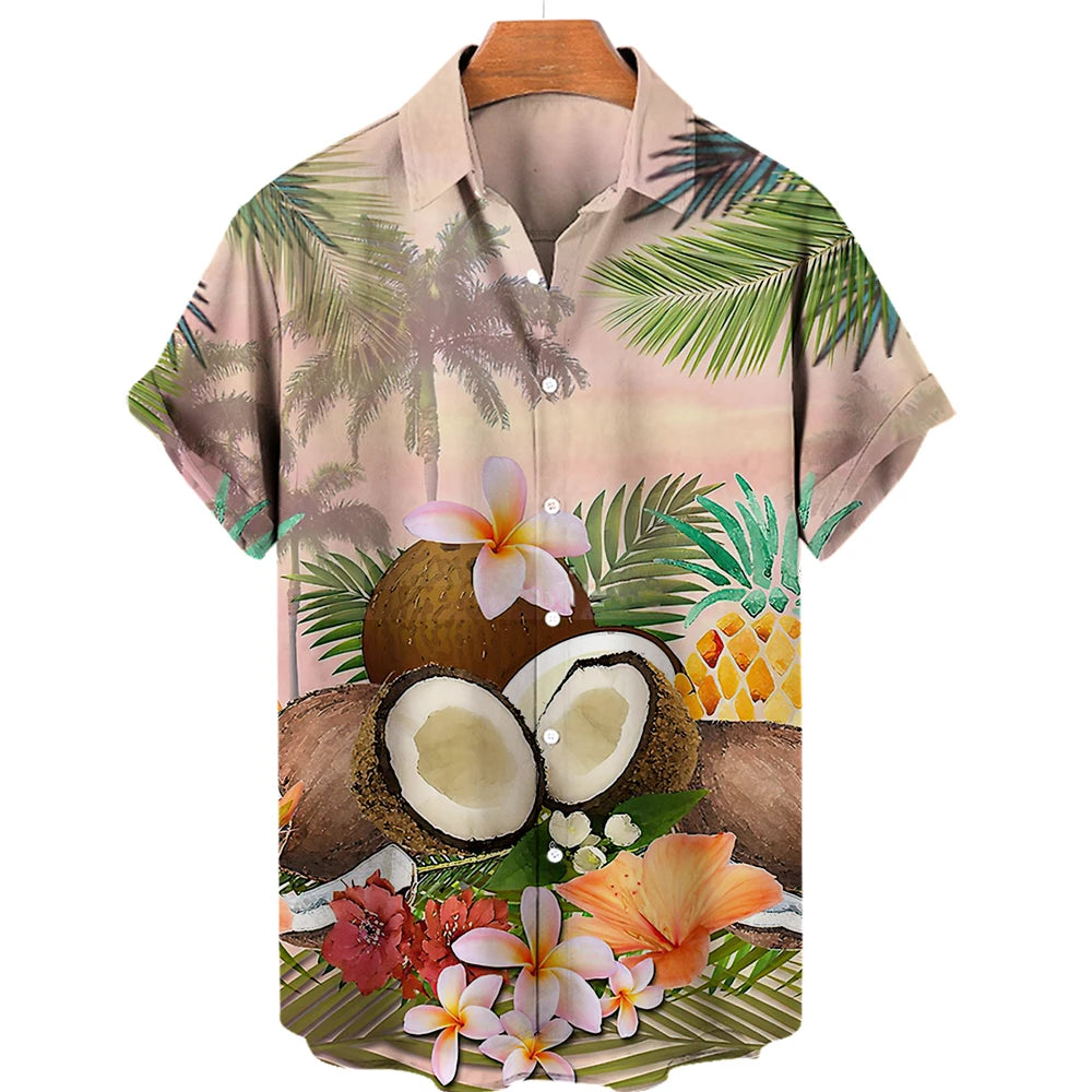 Vintage Surf and Palm Tree Print Short-Sleeve Hawaiian Shirt with Button-Up Closure and Turn-Down Collar