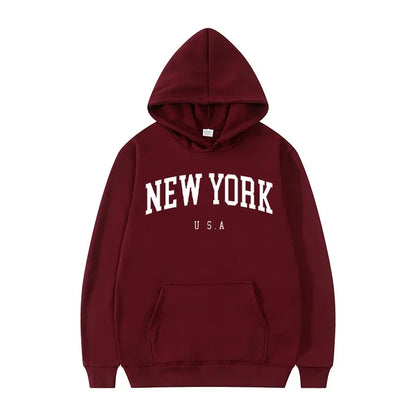 New York USA Graphic Hoodie with Kangaroo Pocket and Ribbed Cuffs for Urban Casual Style