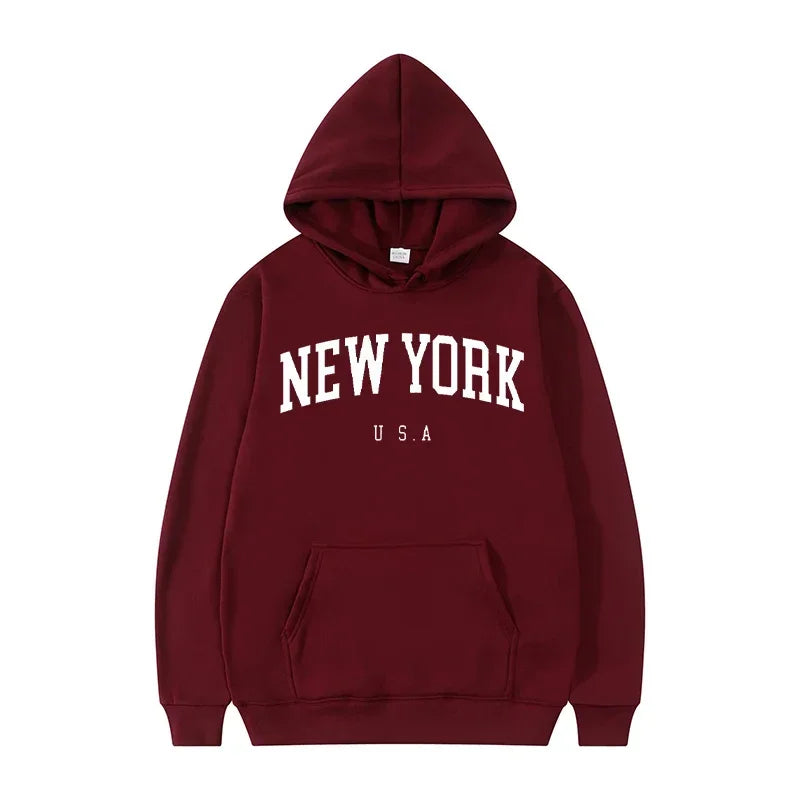 New York USA Graphic Hoodie with Kangaroo Pocket and Ribbed Cuffs for Urban Casual Style