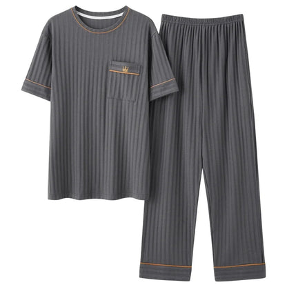 Men's Striped Short and Long Sleeve Pajama Set with Chest Pocket and Contrast Piping for Versatile Sleepwear Options