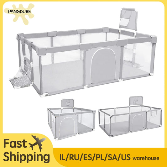 Large Foldable Baby Playpen with Breathable Mesh Sides, Secure Locking System, and Basketball Hoop for Safe Indoor and Outdoor Playtime - Easy Assembly and Portable Design for Convenience