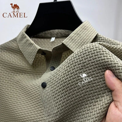 Men's Textured Knit Polo Shirt with Embroidered Camel Logo and Button Placket