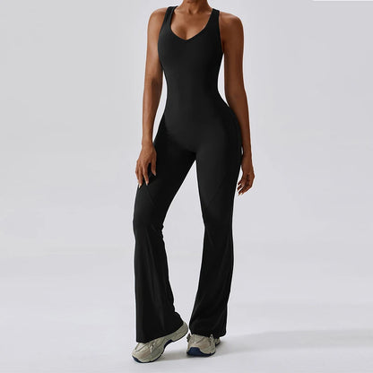 Women's Sleeveless Backless Fitness Jumpsuit with Flared Legs and Racerback Design