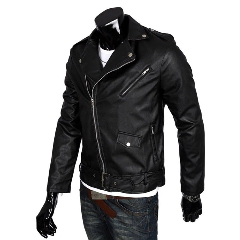 Men's Faux Leather Biker Jacket with Asymmetrical Zipper, Belted Waist, and Notched Lapel Collar