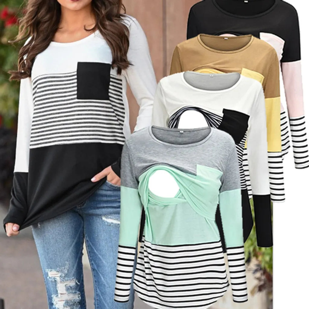 Long-Sleeve Maternity and Nursing Top with Striped Design and Hidden Zipper for Discreet Breastfeeding