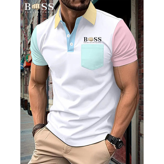 Men's Short Sleeve Polo Shirt with Multi-Color Block Design, Chest Pocket, and Buttoned Collar for a Trendy Casual Look