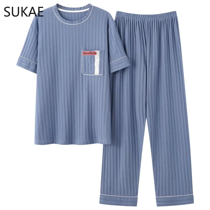 Men's Striped Short and Long Sleeve Pajama Set with Chest Pocket and Contrast Piping for Versatile Sleepwear Options