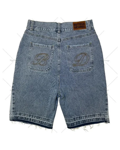 Men's Denim Shorts with Distressed Hem and Bold Embroidered Lettering for Casual Streetwear Style