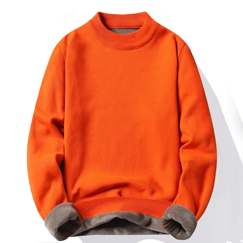 Men's Thick Fleece-Lined Mock Neck Sweater with Ribbed Cuffs and Hem for Winter Warmth