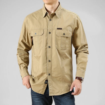 Men's Long-Sleeve Button-Up Shirt with Dual Chest Pockets and Classic Casual Design for Everyday Wear