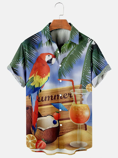 Vintage Surf and Palm Tree Print Short-Sleeve Hawaiian Shirt with Button-Up Closure and Turn-Down Collar