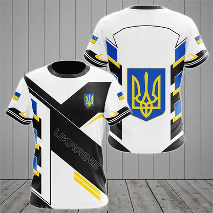 Men's Short Sleeve T-Shirt with Ukrainian Emblem and Flag Design, Featuring Military-Inspired Aesthetics and Patriotic Details