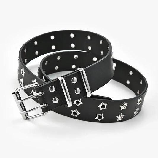 Men's Leather Belt with Double Prong Buckle and Studded Design for a Bold Look