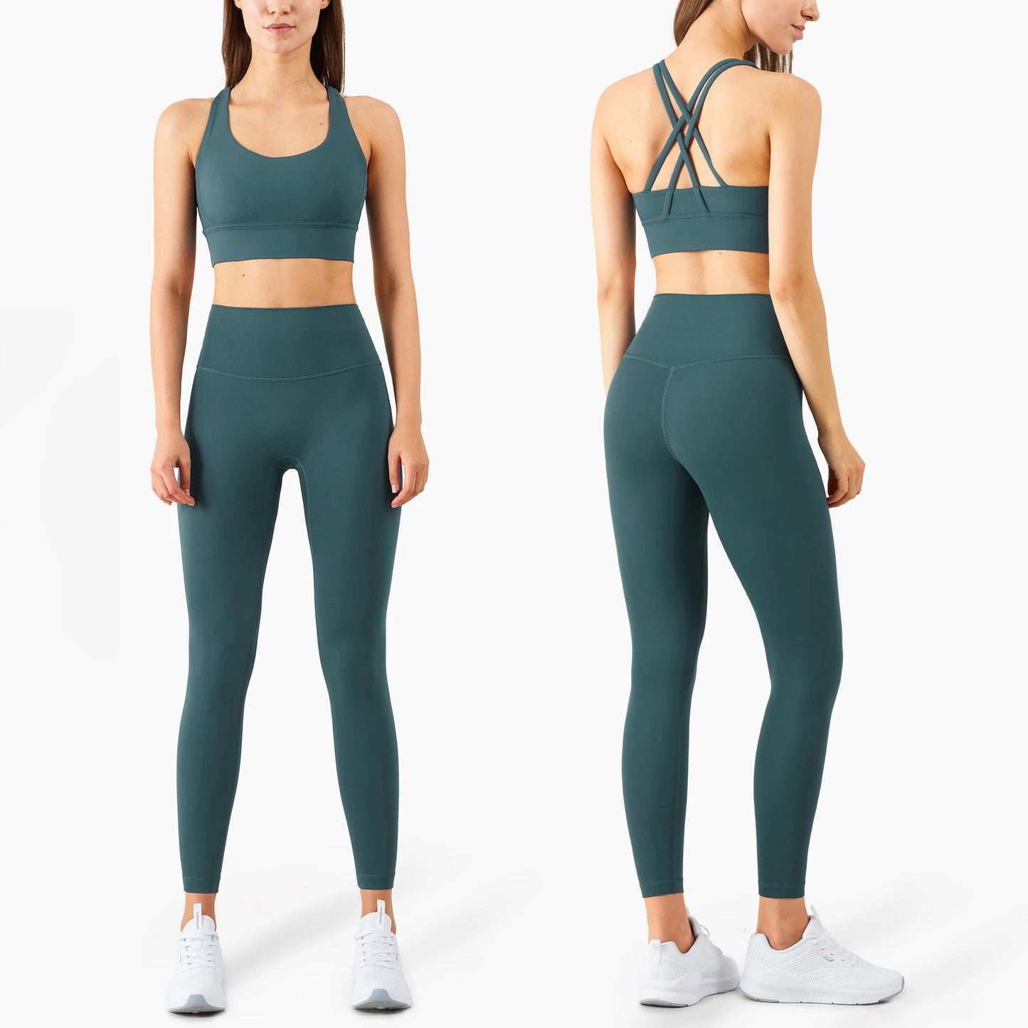 Women's High-Waisted Yoga Set with Strappy Back Sports Bra and Full-Length Leggings for Workout and Fitness